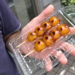 Dolce giapponese tipico con farina di riso e salsa di soia di nome Mitarashi Dango